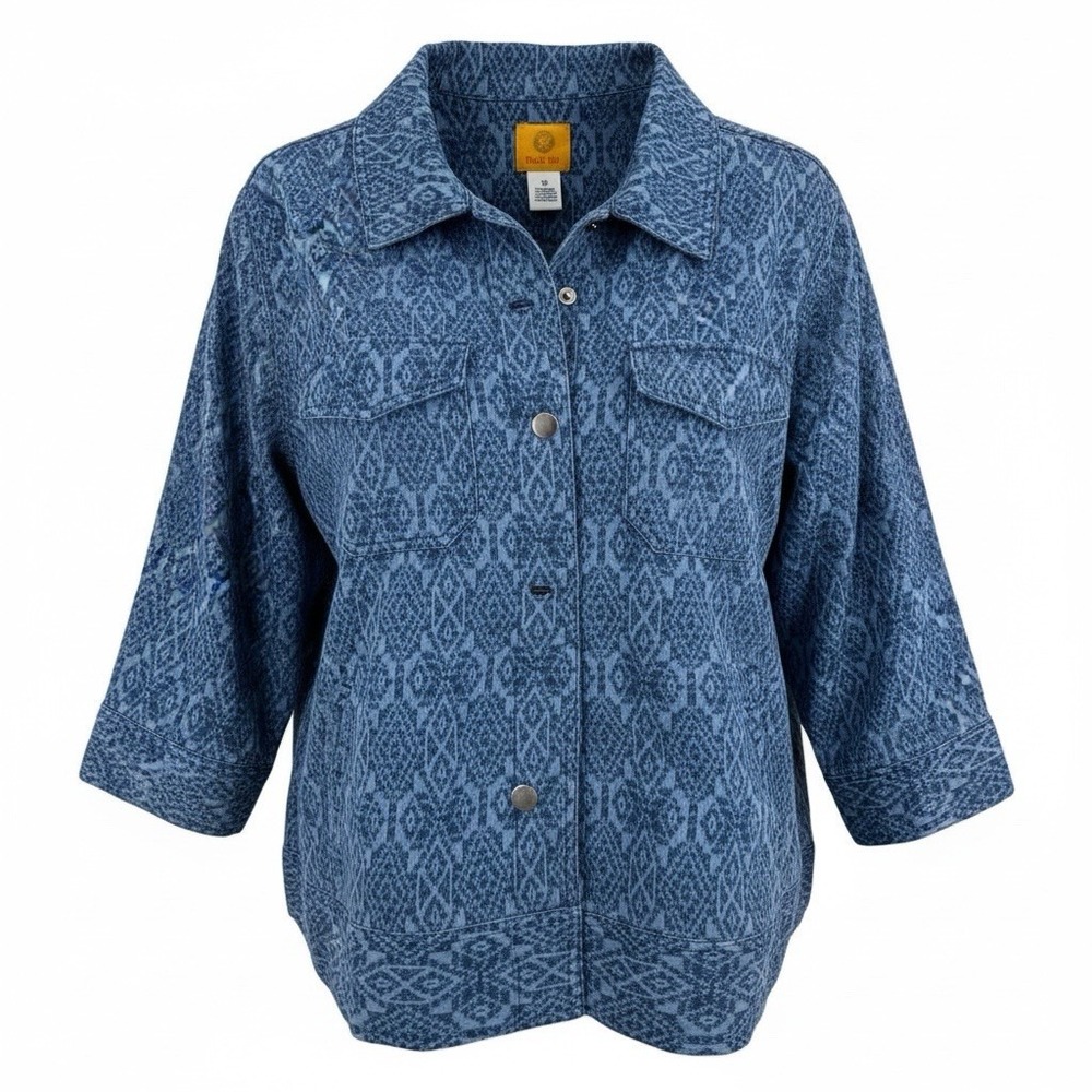 Ruby Rd. Women's Tribal Print cropped sleeves Denim Jean Jacket 12 Blue‎ Western